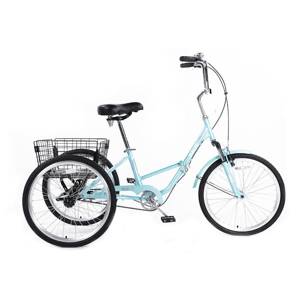 Cesicia 24 in. Blue Steel Folding Tricycles with Shopping Basket and Low Step-Through