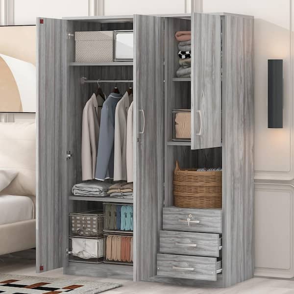 Spruce & Spring Elio Gray 47.2 in. Wooden Storage Wardrobe with Shelves, Hanging Rod and 3 Drawers for Bedroom