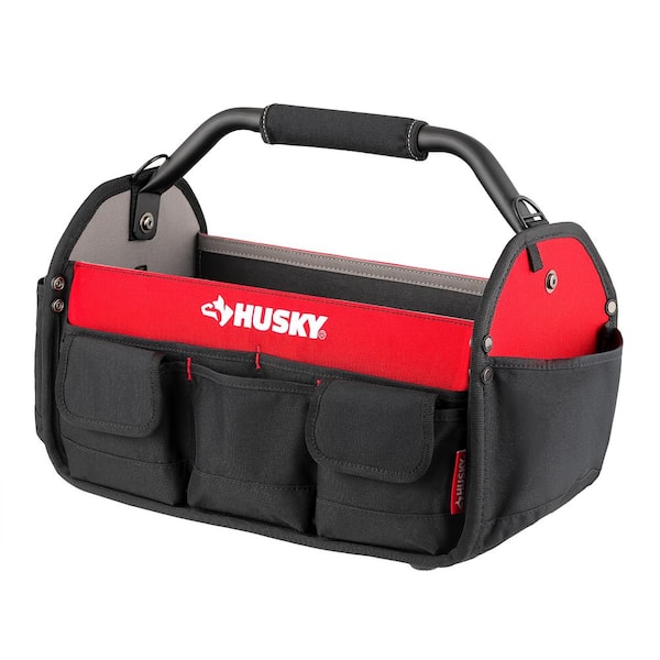 17 in. Open Top Weather Resistant Tool Tote Bag in Red with 18 total pockets and heavy-duty rotating handle 17 in. Open Top Weather Resistant Tool Tote Bag in Red with 18 total pockets and heavy-duty rotating handle