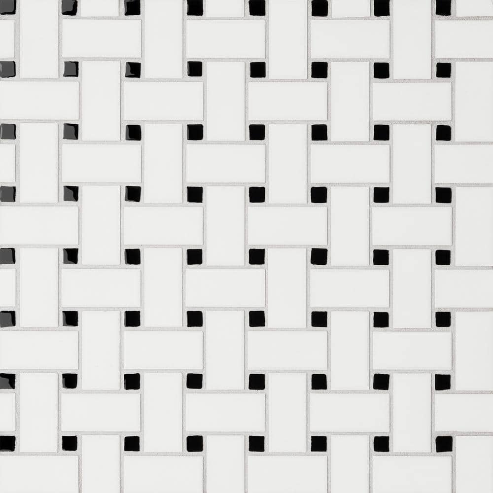 White and Black Basketweave Porcelain Mosaic Wall Tile