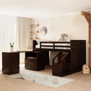 Low Study Espresso Twin Size Wood Loft Bed with Storage Steps, Drawers and Portable Desk