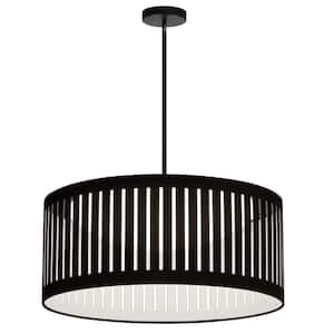 Slit Drum 1-Light Matte Black Shaded Integrated LED Pendant Light with Black Fabric Shade