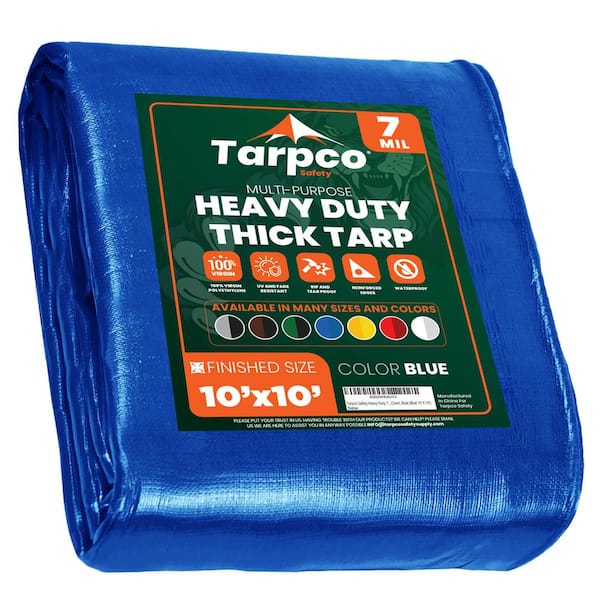 TARPCO SAFETY 10 ft. x 10 ft. Blue Polyethylene Heavy Duty 7 Mil Tarp,  Waterproof, UV Resistant, Rip and Tear Proof TS-205-10x10 - The Home Depot