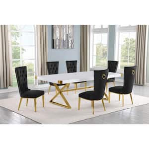Miguel 7-Piece Rectangle White Wood Top Gold Stainless Steel Dining Set with 6 Black Velvet Chairs
