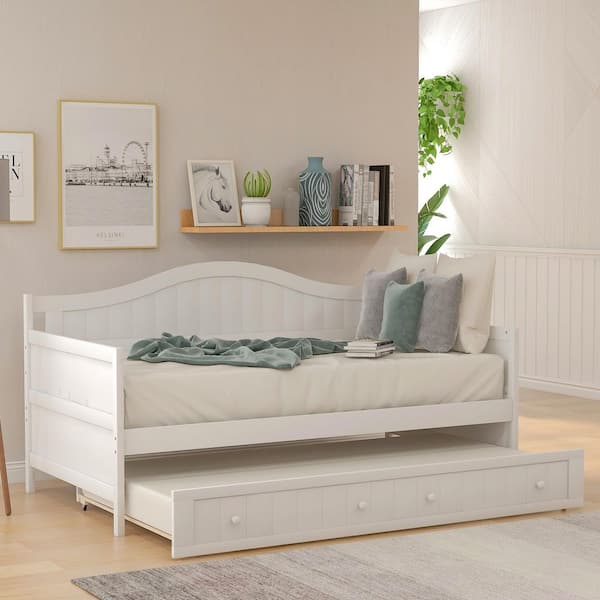 Arye White Wood Twin Size Daybed with Trundle Bed, Sofa Bed for Living Room