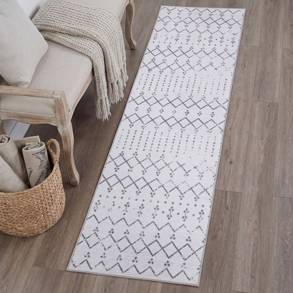 Leila Moroccan Diamond Trellis Machine-Washable Ivory/Gray 2 ft. x 8 ft. Runner Rug