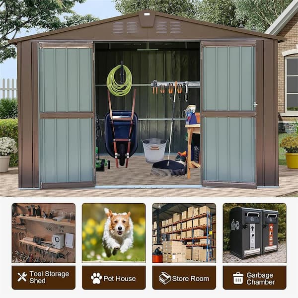 10 ft. W x 8 ft. D Outdoor Metal Shed Storage Tool House with Lockable Double Door for Backyard, Brown (80 sq. ft.)