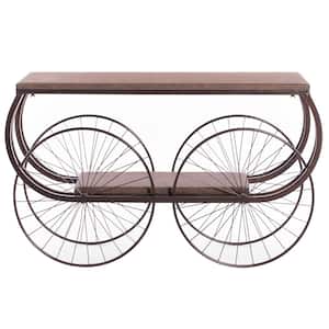 Brown 2-Tier Wagon Style Industrial Wooden and Metal Side End Table with Big Wheels