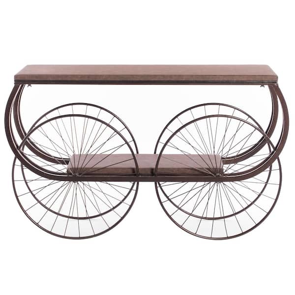 Vintiquewise Brown 2-Tier Wagon Style Industrial Wooden and Metal Side End Table with Big Wheels