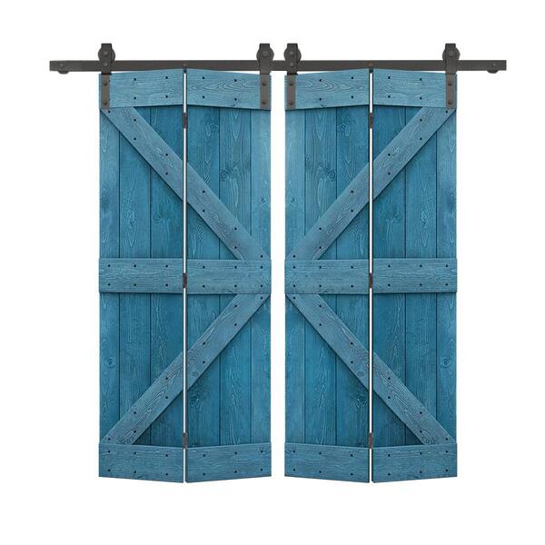 CALHOME 44 in. x 84 in. K Series Solid Core Ocean Blue Stained DIY Wood Double Bi-Fold Barn Doors with Sliding Hardware Kit