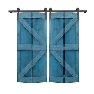 48 in. x 84 in. K Series Solid Core Ocean Blue Stained DIY Wood Double Bi-Fold Barn Doors with Sliding Hardware Kit