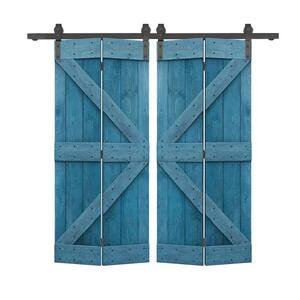 56 in. x 84 in. K Series Ocean Blue Stained DIY Wood Double Bi-Fold Barn Doors with Sliding Hardware Kit