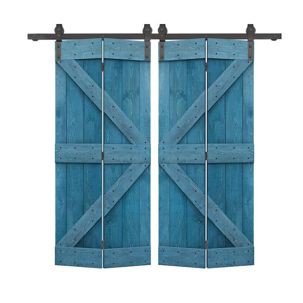 CALHOME 60 in. x 84 in. K Series Solid Core Ocean Blue Stained DIY Wood Double Bi-Fold Barn Doors with Sliding Hardware Kit