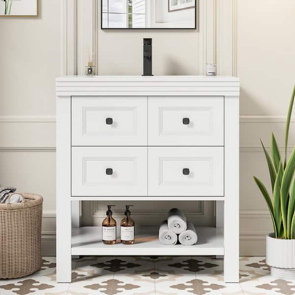 30 in. W x 17.7 in. D Single Sink Freestanding White Bath Vanity with White Integrated Resin Top and Drain Faucet Set
