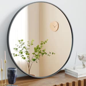 24 in. W x 24 in. H Metal Round Framed Wall Mount Bathroom Vanity Mirror in Black