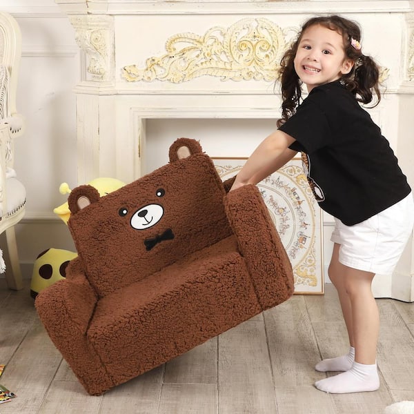 Angel Sar Brown Polyester 2-in-1 Kids Sofa Chairs, Teddy Bear