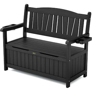 43 Gal. Black Plastic Outdoor Storage Bench with Double Cup Holders