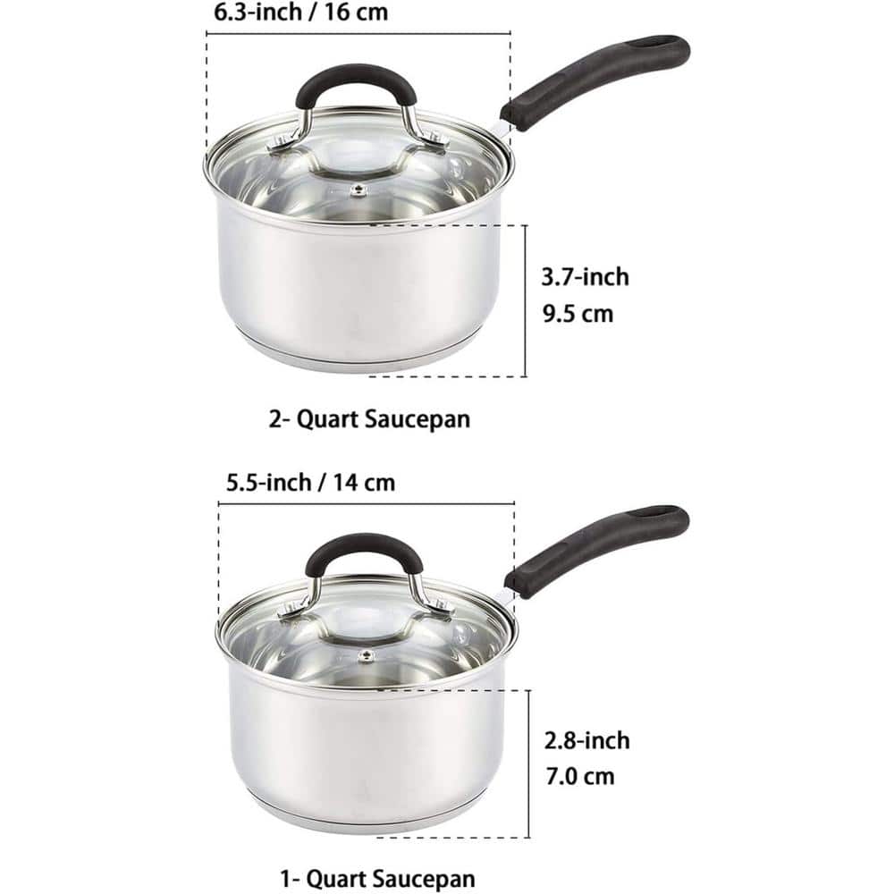 Professional Stainless Steel Saucepan Set with Lids, 1QT and 2QT, Silver