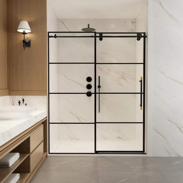 ROSWELL Losar 64 in. W x 78 in. H Single Sliding Frameless Shower Door in Matte Black with Clear Glass