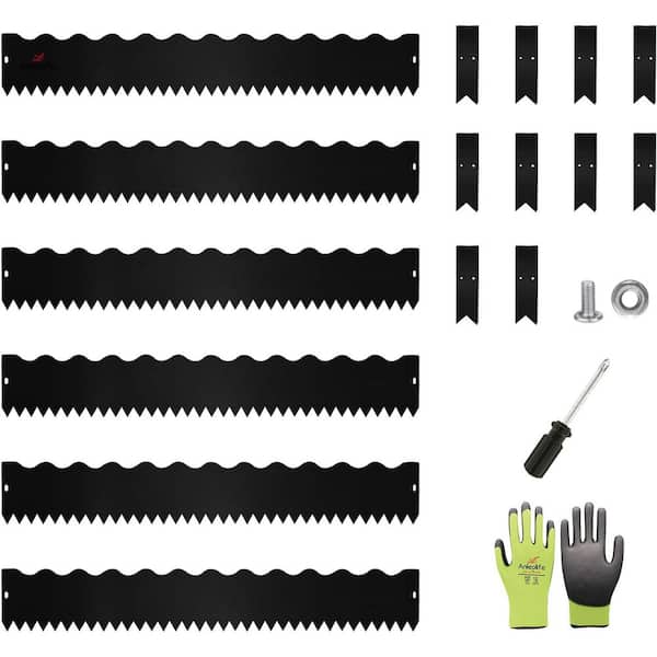 Unbranded 6-Pack 40 in. L x 6 in. H Black Steel Garden Landscape Edging, Lawn Border with Gloves and 10 Stakes(Wavy Edge)