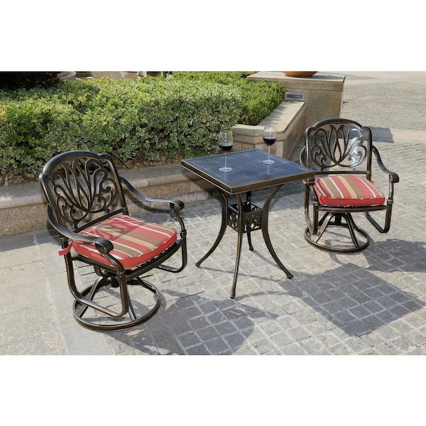 Siva 3 Piece Metal Frame Outdoor Serving Bar Bistro Furniture Set 2 Cast Swivel Rockers Chair with Red Cushions