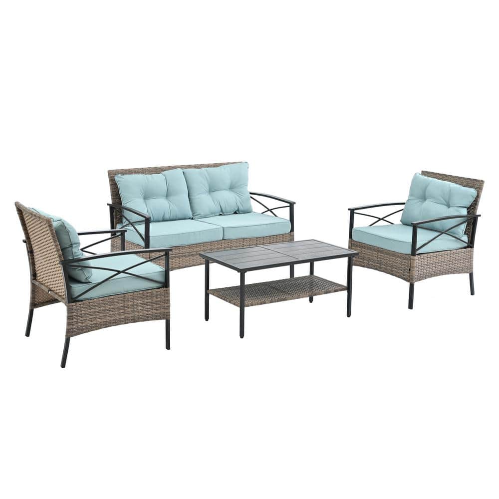 4-Piece Black Iron and Wicker Patio Set with Blue Cushions