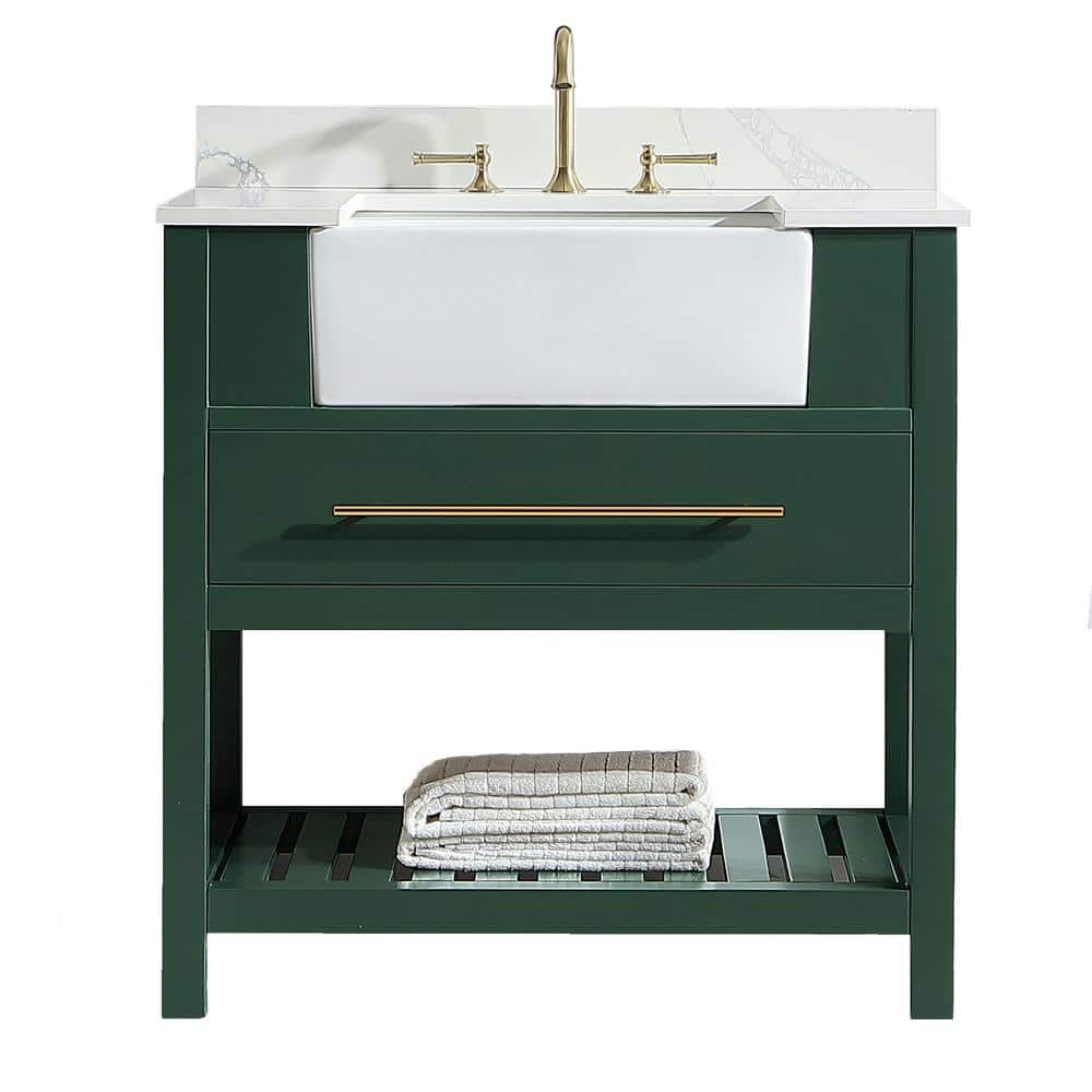 Seneca 36 in.W x 22 in.D x 35 in.H Free-standing Single Sink Bath Vanity in Green with Straight quartz Vanity Top