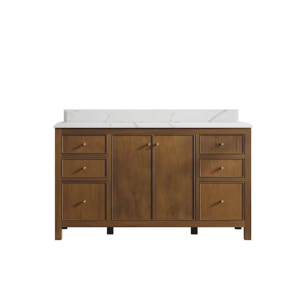 Chicago Teak 60 in. W x 22 in. D x 36 in. H Single Sink Bath Vanity in Dark Natural with 1.5 in. Calacatta Laza Qt. Top