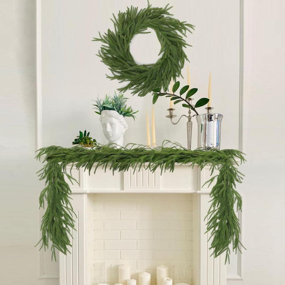 6 ft Green Artificial Pine and Eucalyptus Garland with Snow Flocked Finish