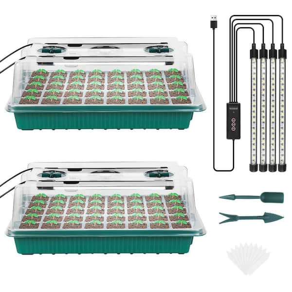 2 Pack Green Plastic Seed Starter Tray, 80 Cells Seed Starter Kit with Humidity Dome Grow Light, Adjustable Brightness