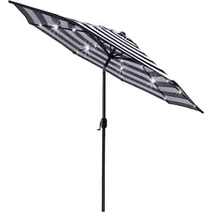 9 ft. Solar 24 LED Lighted Umbrella with 8 Ribs Adjustment and Crank Lift System for Patio in Black and White,Beach word