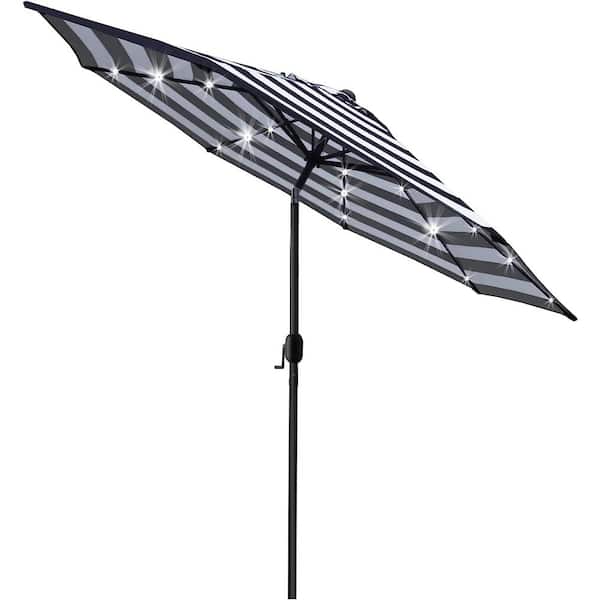 Dyiom 9 ft. Solar 24 LED Lighted Umbrella with 8 Ribs Adjustment and Crank Lift System for Patio in Black and White,Beach word