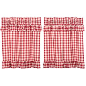 Annie Buffalo Check Red White Ruffled Cotton 36 in W, x 36 in. L Light Filtering Rod Pocket Window Panel Pair