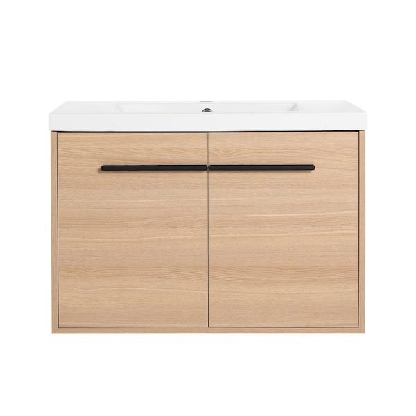 29.53 in. W x 18.11 in. D x 20.47 in. H Wall-Mounted Bath Vanity in Light Brown with White Resin Vanity Top