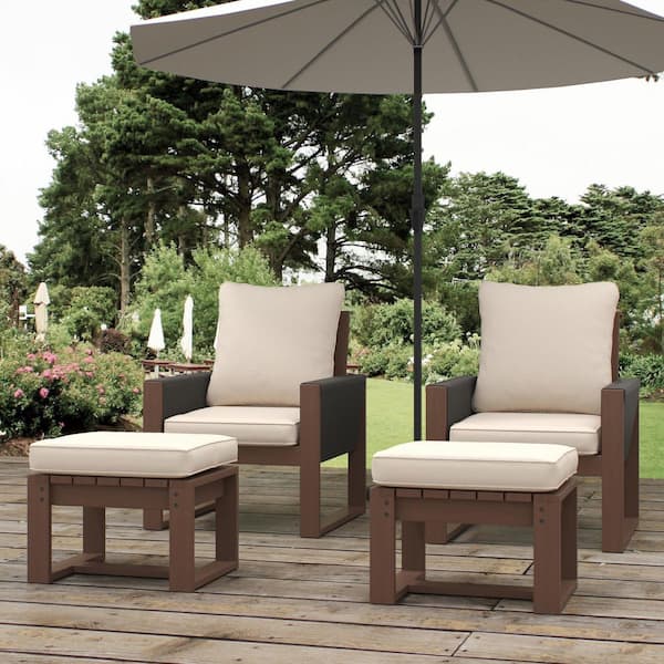 2-Piece Outdoor Wooden Lounge Chair Set with Ottomans, Beige Cushions