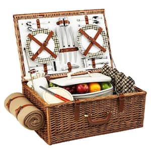 Dorset English in Style Willow Picnic Basket with Service for 4 and Blanket in London Plaid