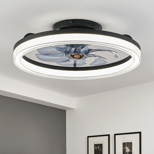 20 in. LED Indoor Bladeless App Control Low Profile Black Ceiling Fan with Light for Bedroom Lighting Lighting