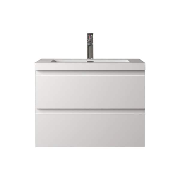 Angela 30 in. Single HG. White Bath Vanity Wall-mounted Floating Vanities with Gloss White Resin Stone Top 2 Drawers