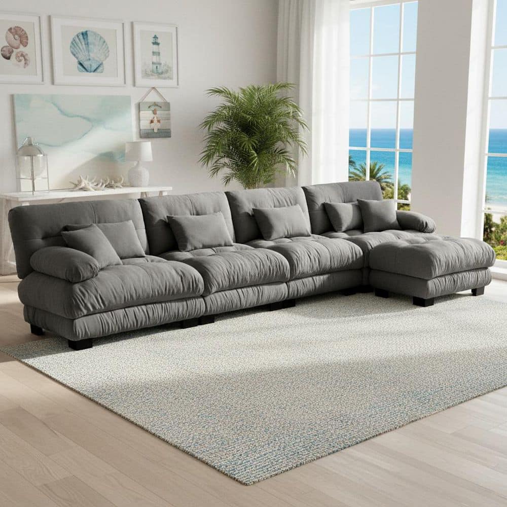 MINH 173.2 in. Pillow Arm 5-Piece Chenille Sectional Sofa with Deep Cushions and 1 Movable Ottoman in Graphite Gray
