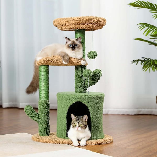 32.9 in. H Cactus Cat Tower with Sisal Covered Scratching Post, Cozy Condo, Plush Perches and Fluffy Balls