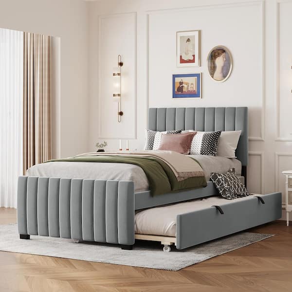Harper & Bright Designs Channel-Tufted Gray Wood Frame Twin Size Velvet Upholstered Platform Bed with Twin Size Trundle