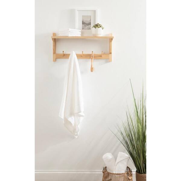 White Towel Rack With Hooks, Bathroom, With Shelf, Wood, Towel