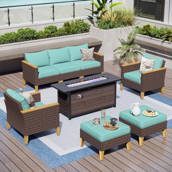 PHI VILLA Brown Rattan Wicker 7 Seat 8-Piece Steel Outdoor Patio Conversation Set with Blue Cushions, Rectangular Fire Pit Table