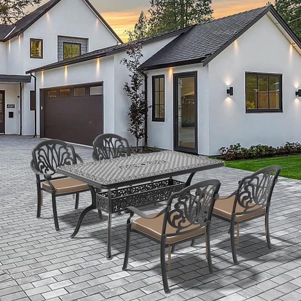 Willit Elizabeth 5-Piece Cast Aluminum Outdoor Dining Set with 59.06 in. x 35.43 in. Rectangular Table and Random Color Cushion