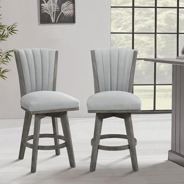 Laetitia 25 In. Wire Brushed Gray Finish High Back Wood Swivel Counter Height Stool with Gray Velvet Seat (Set of 2)