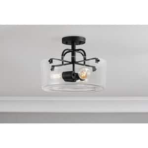 Shirwell 13.5 in. 3-Light Matte Black Round Semi-Flush Mount, Modern Ceiling Light with Clear Glass Drum Shade