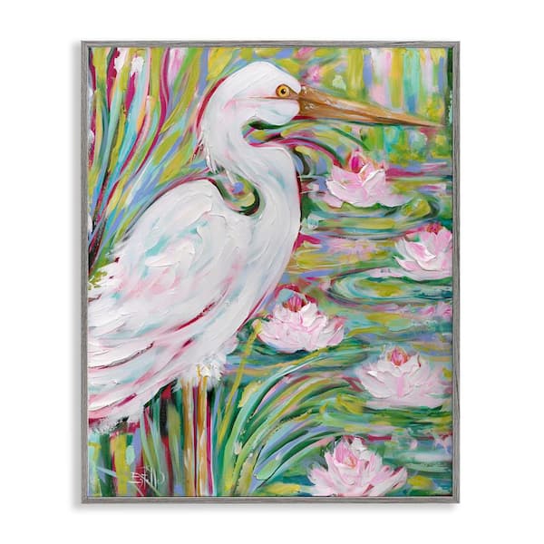 Great White Egret & Lotus by Estelle Grengs Gray Framed Animal Giclee Art Print 14 in. x 11 in.
