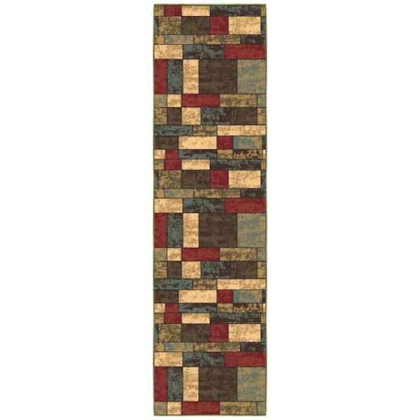 Ottohome Collection Non-Slip Rubberback Boxes Design 2x7 Indoor Runner Rug, 1 ft. 10 in. x 7 ft., Multicolor