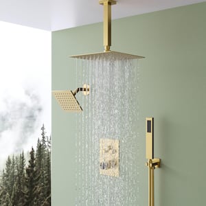 7-Spray Patterns Thermostatic 12 in., 6 in. Ceiling Mount Fixed and Handheld Shower Head in Brushed Gold