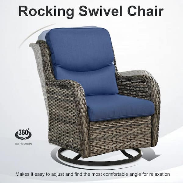 Crescent Gray Wicker PE Rattan Outdoor Swivel Rocker Patio Chairs with Olefin Navy Blue Cushions (4-Pack)
